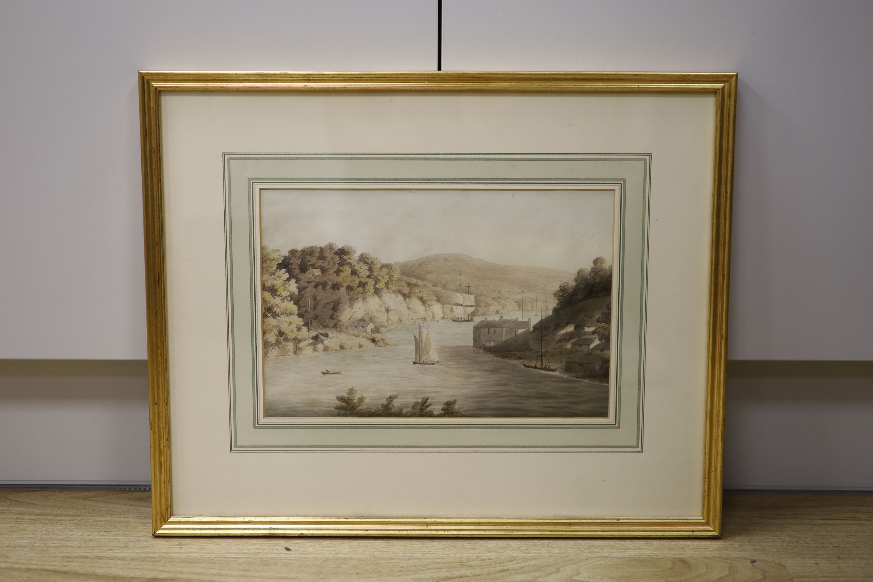 Reverend John Swete (c.1752-1821), watercolour, Shipping along an estuary, 20 x 31cm